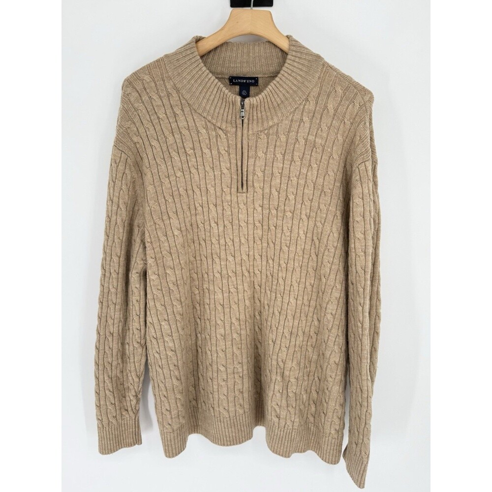 Lands End 100% Wool Cable Knit Sweater Mens XXL Tan Preppy‎ Fisherman 3/4 Zip
